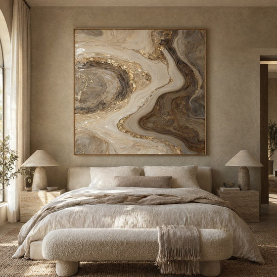 Ivory and Bronze Wall Art – Oversized Abstract River Textured Look Canvas for Living Room