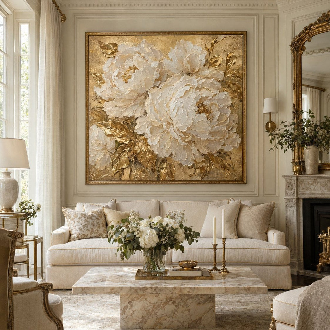 Oversized white peony and gold canvas above a cream sofa