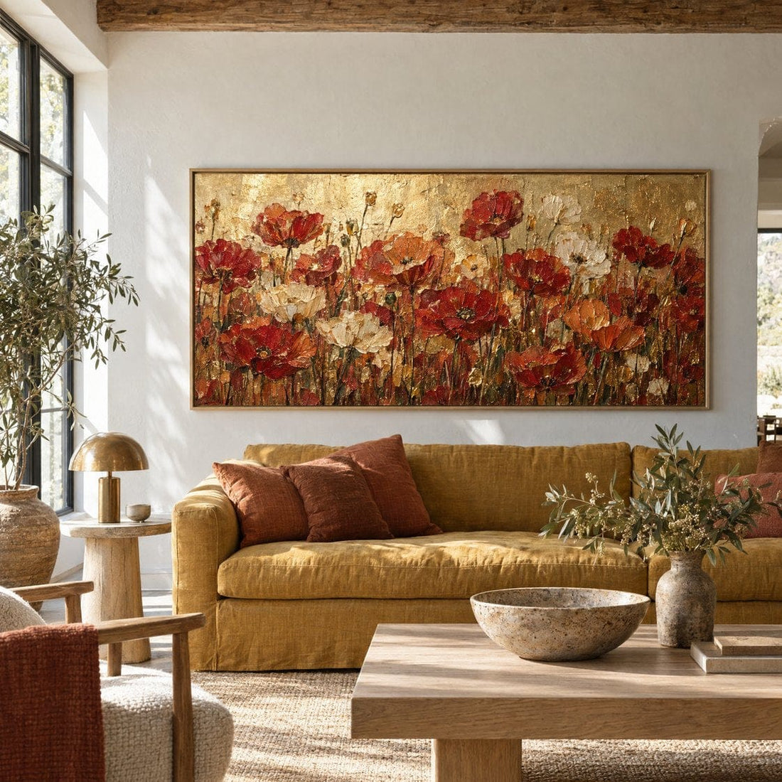 Panoramic red poppy field canvas above a mustard sofa