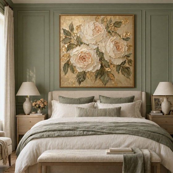 Cream Rose Wall Art – Oversized Garden Rose Textured Look Canvas for Bedroom and Living Room