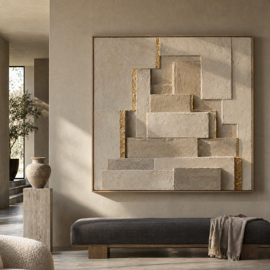 Stepped stone and gold relief canvas above a bench