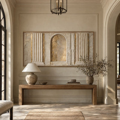 Panoramic column and arch relief canvas above a console in an entryway