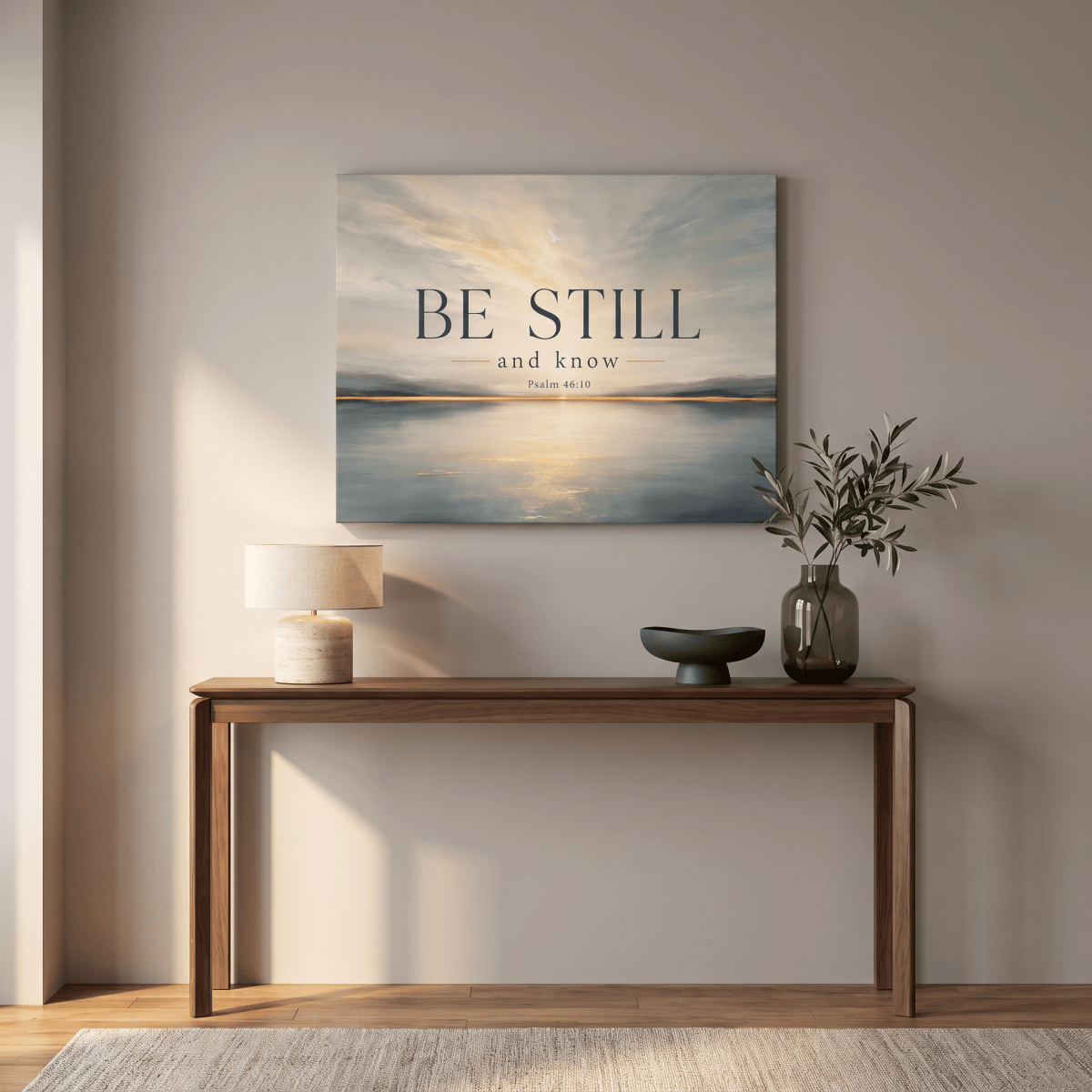 Be Still And Know Wall Art – Psalm 46:10 Christian Canvas, Modern Golden Lake Landscape in Soft Blue & Cream - Sense for Decor