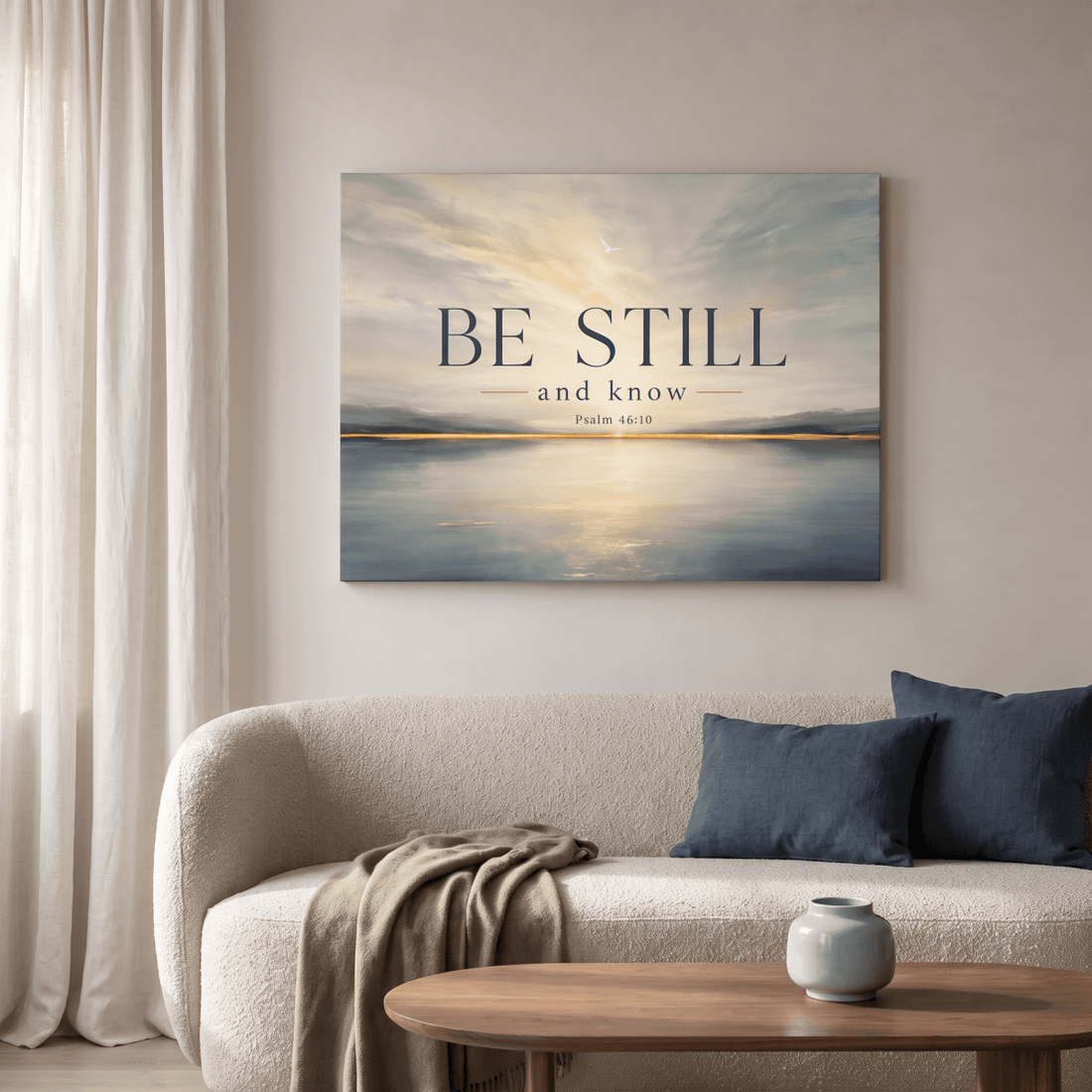 Be Still And Know Wall Art – Psalm 46:10 Christian Canvas, Modern Golden Lake Landscape in Soft Blue & Cream - Sense for Decor