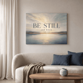 Be Still And Know Wall Art – Psalm 46:10 Christian Canvas, Modern Golden Lake Landscape in Soft Blue & Cream