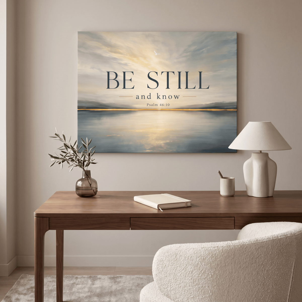 Be Still And Know Wall Art – Psalm 46:10 Christian Canvas, Modern Golden Lake Landscape in Soft Blue & Cream - Sense for Decor