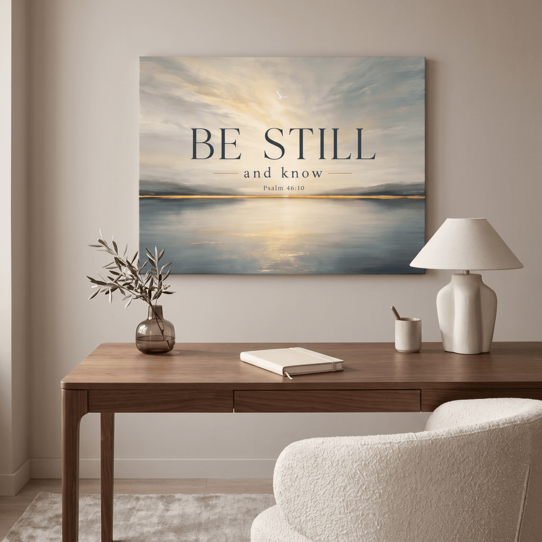 Be Still And Know Wall Art – Psalm 46:10 Christian Canvas, Modern Golden Lake Landscape in Soft Blue & Cream - Sense for Decor