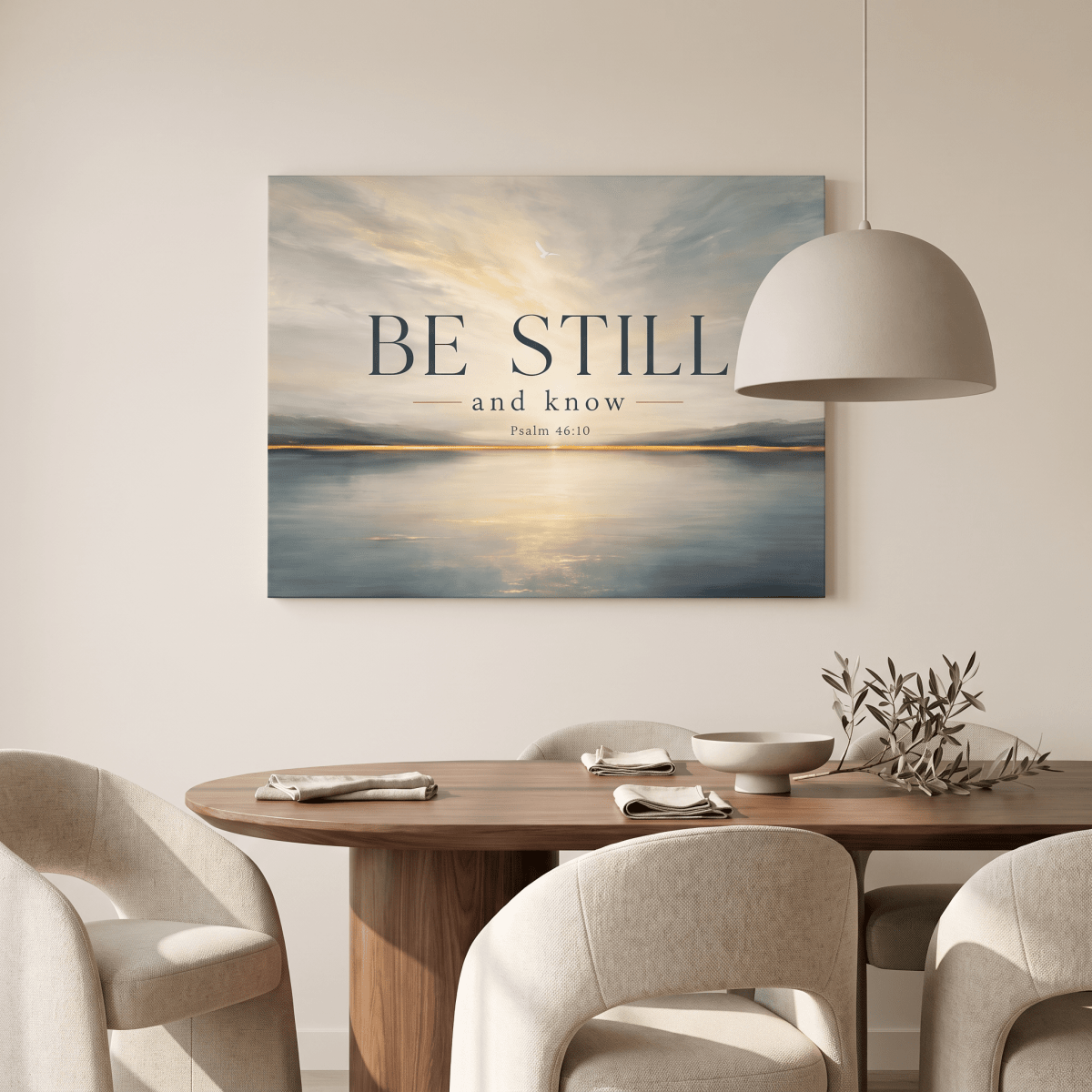 Be Still And Know Wall Art – Psalm 46:10 Christian Canvas, Modern Golden Lake Landscape in Soft Blue & Cream - Sense for Decor