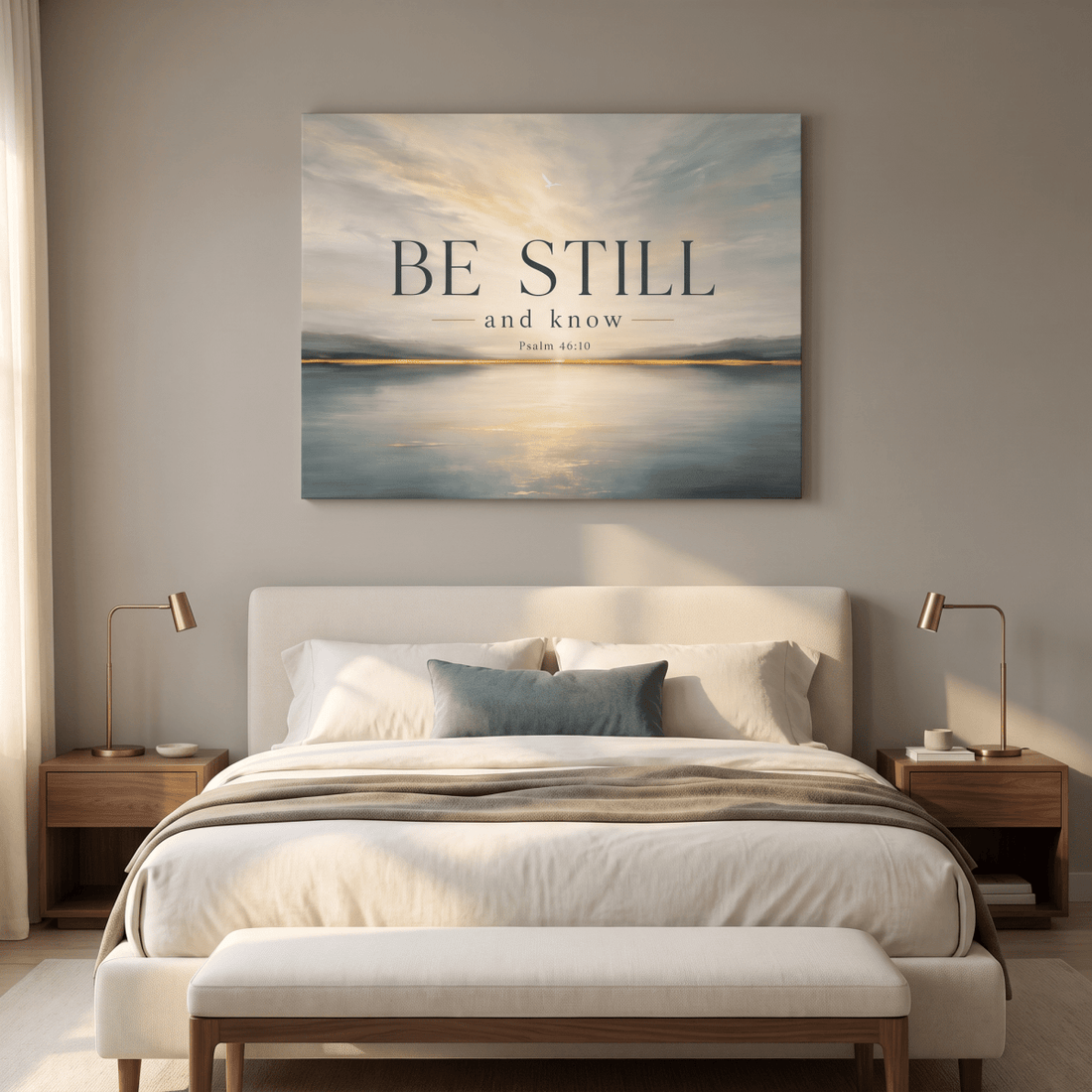 Be Still And Know Wall Art – Psalm 46:10 Christian Canvas, Modern Golden Lake Landscape in Soft Blue & Cream - Sense for Decor