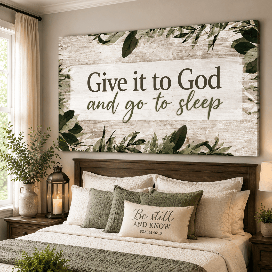 Bedroom Wall Art: Give it to God and go to sleep V8 (Wood Frame Ready To Hang) - Sense for Decor
