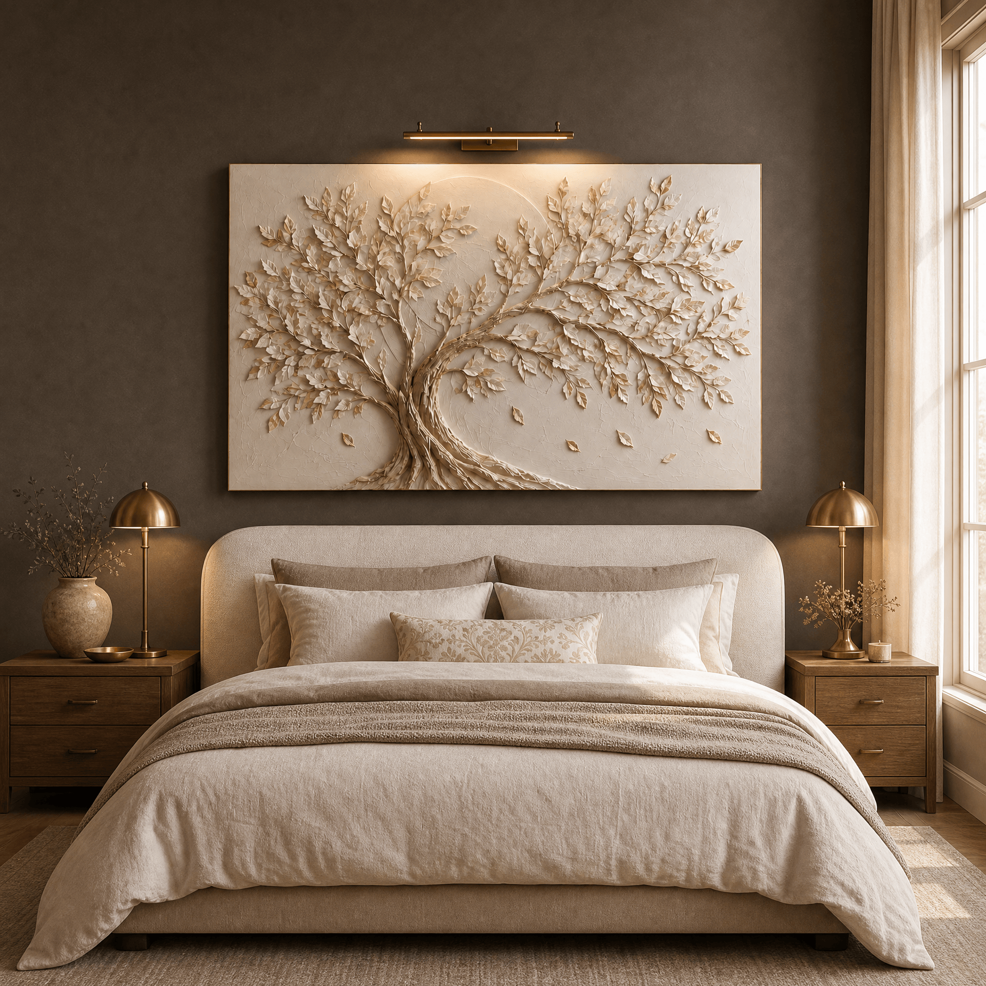 Cream and gold textured tree wall art hanging above a bed in a neutral bedroom
