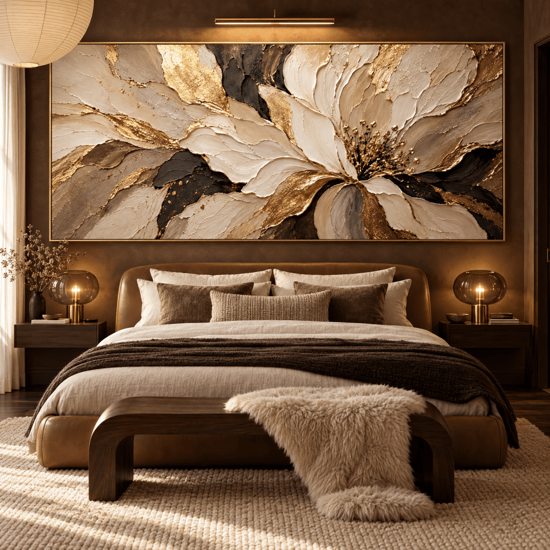 Beige and Gold Flower Wall Art – Oversized Textured Look Canvas with Black Accents for Living Room - Sense for Decor