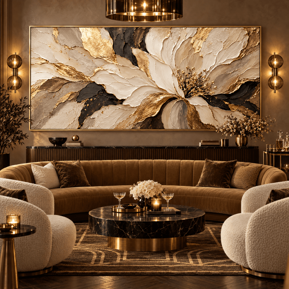 Beige and Gold Flower Wall Art – Oversized Textured Look Canvas with Black Accents for Living Room - Sense for Decor