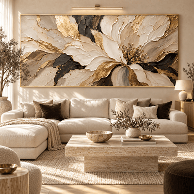 Beige and Gold Flower Wall Art – Oversized Textured Look Canvas with Black Accents for Living Room - Sense for Decor