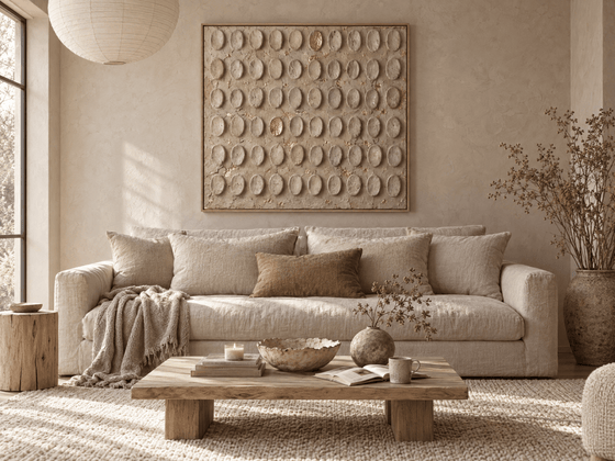Beige and Gold Wall Art – Oversized Embossed Dot Textured Look Canvas for Bedroom and Living Room