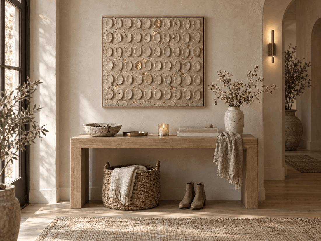 Beige and Gold Wall Art – Oversized Embossed Dot Textured Look Canvas for Bedroom and Living Room - Sense for Decor