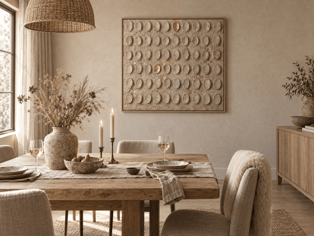 Beige and Gold Wall Art – Oversized Embossed Dot Textured Look Canvas for Bedroom and Living Room - Sense for Decor