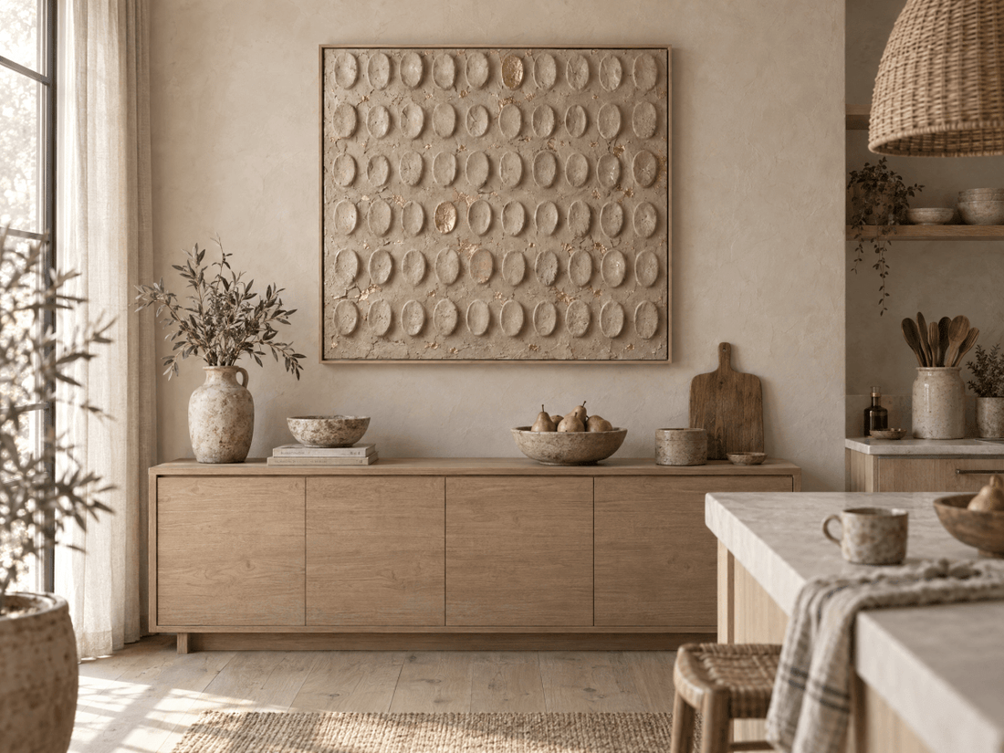 Beige and Gold Wall Art – Oversized Embossed Dot Textured Look Canvas for Bedroom and Living Room - Sense for Decor