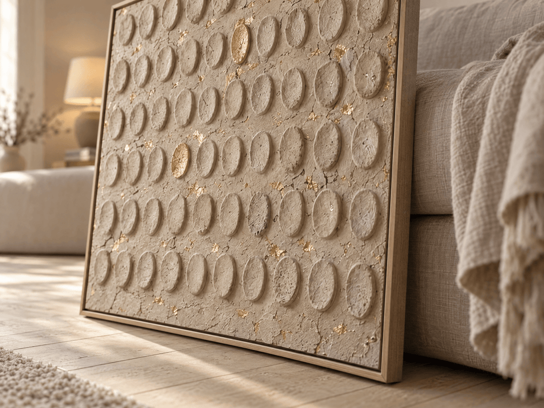 Beige and Gold Wall Art – Oversized Embossed Dot Textured Look Canvas for Bedroom and Living Room - Sense for Decor