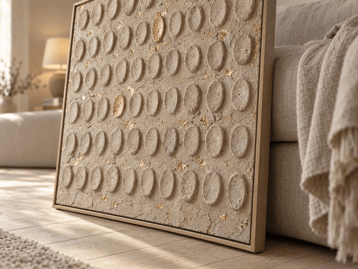 Beige and Gold Wall Art – Oversized Embossed Dot Textured Look Canvas for Bedroom and Living Room - Sense for Decor