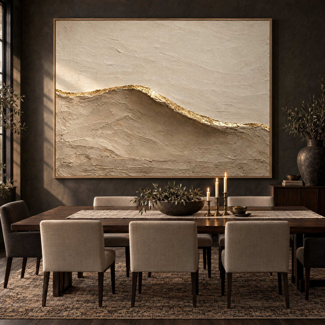 Beige and Gold Wall Art – Oversized Minimalist Sand Dune Textured Look Canvas for Bedroom and Living Room - Sense for Decor