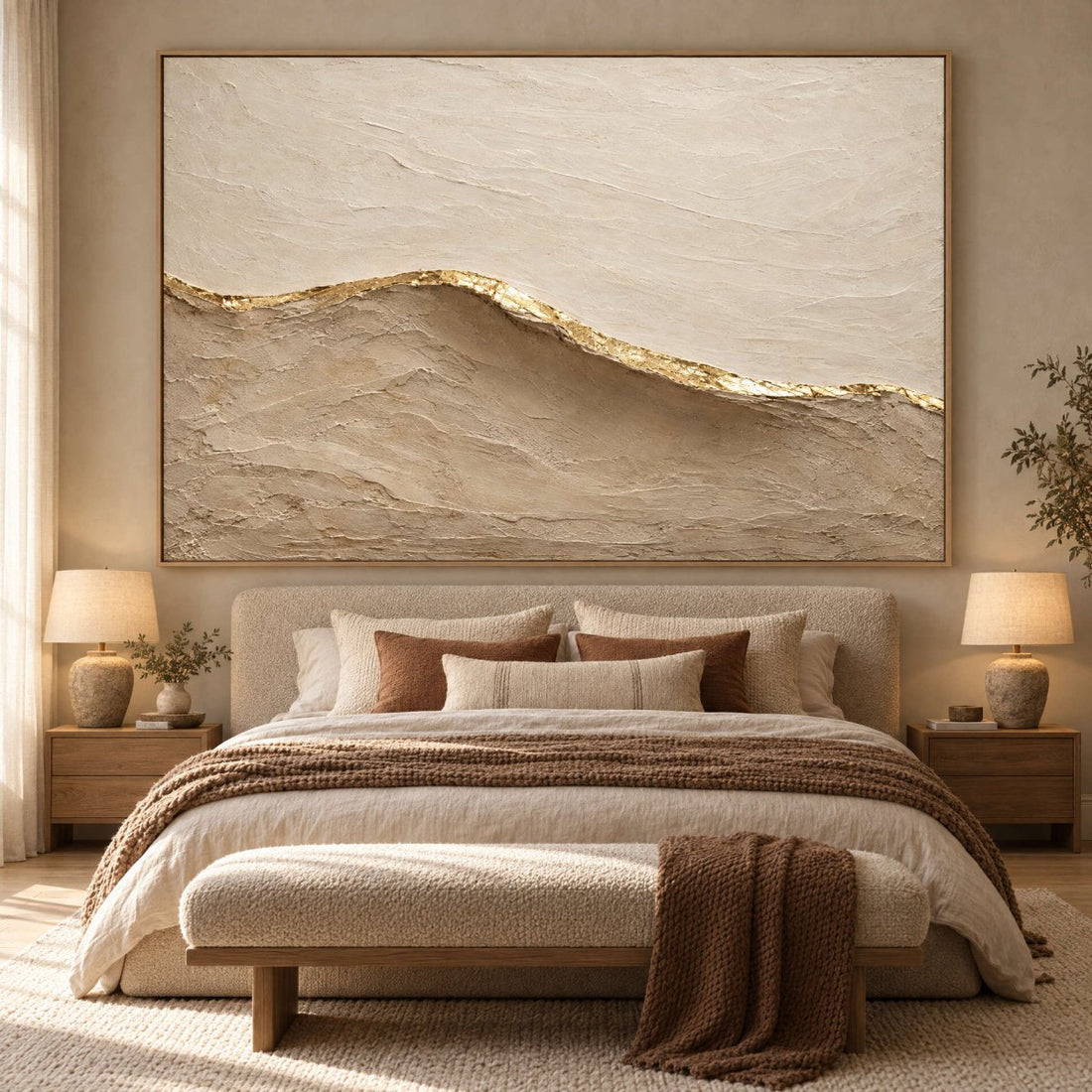 Beige and Gold Wall Art – Oversized Minimalist Sand Dune Textured Look Canvas for Bedroom and Living Room - Sense for Decor