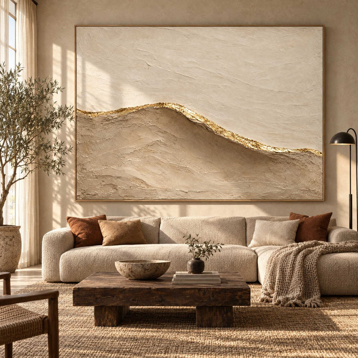 Beige and Gold Wall Art – Oversized Minimalist Sand Dune Textured Look Canvas for Bedroom and Living Room - Sense for Decor