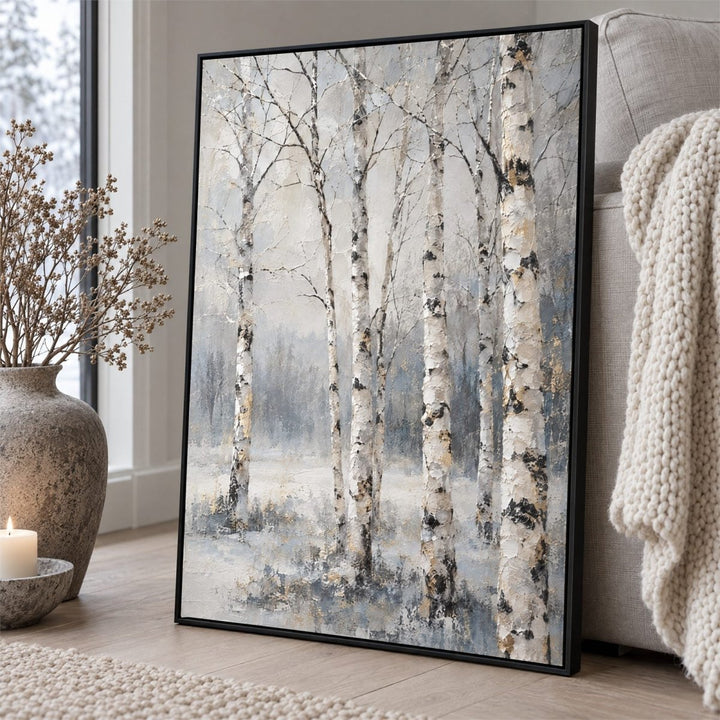 Birch Tree Wall Art – Oversized White and Grey Winter Forest Textured Look Canvas for Living Room - Sense for Decor