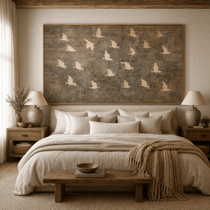 Birds in Flight Wall Art | Large 60x40 Hand-Embellished Textured Canvas | Neutral Taupe & Cream Statement Piece | Contemporary Nature Art - Sense for Decor