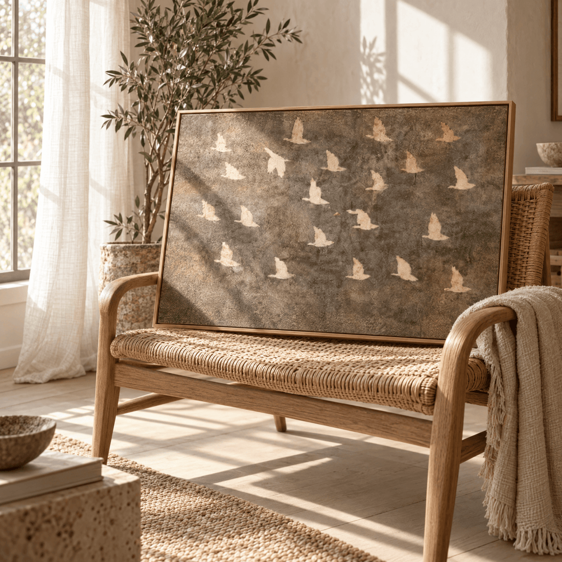 Birds in Flight Wall Art | Neutral Taupe & Cream Statement Piece | Contemporary Nature Art - Sense for Decor