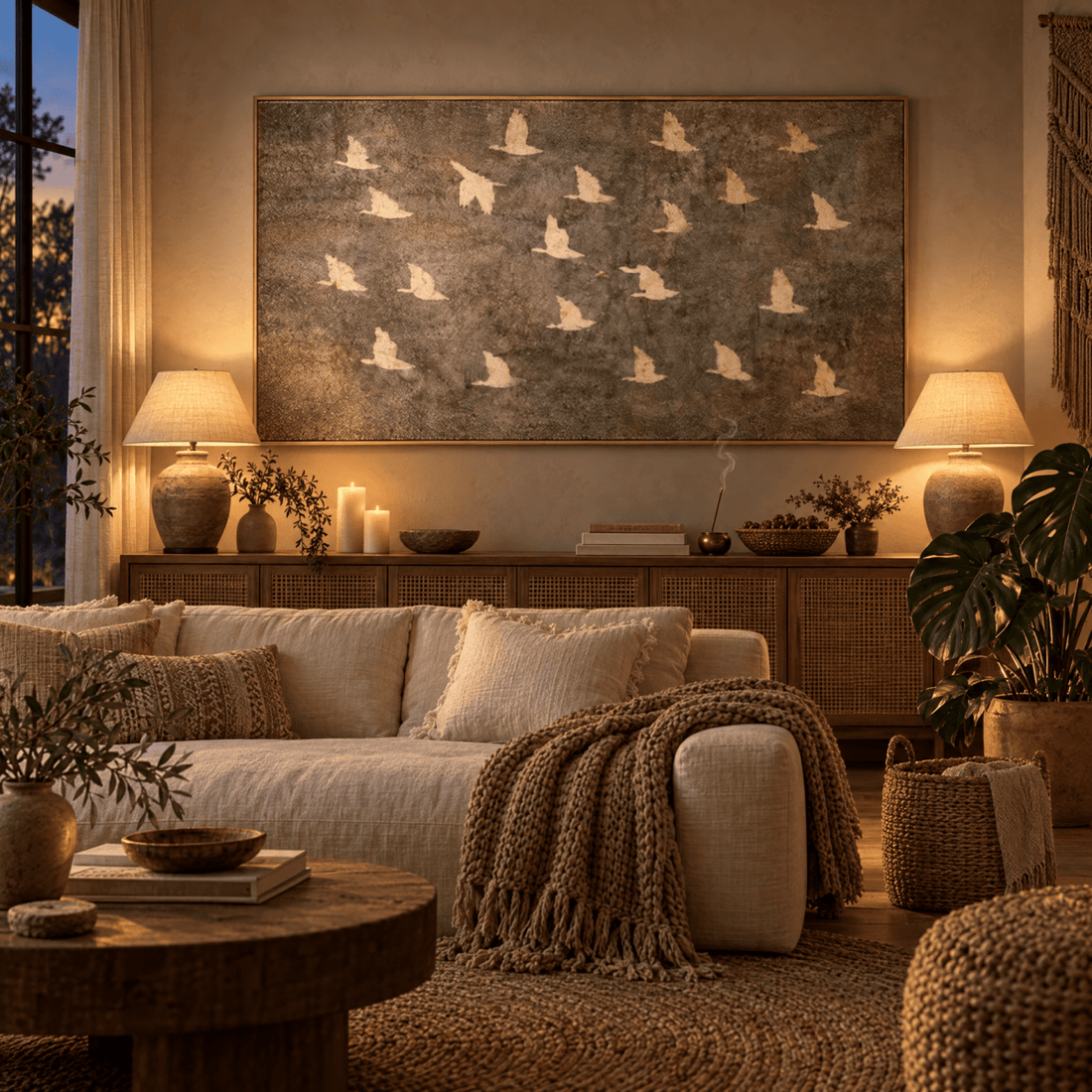 Birds in Flight Wall Art | Neutral Taupe & Cream Statement Piece | Contemporary Nature Art - Sense for Decor