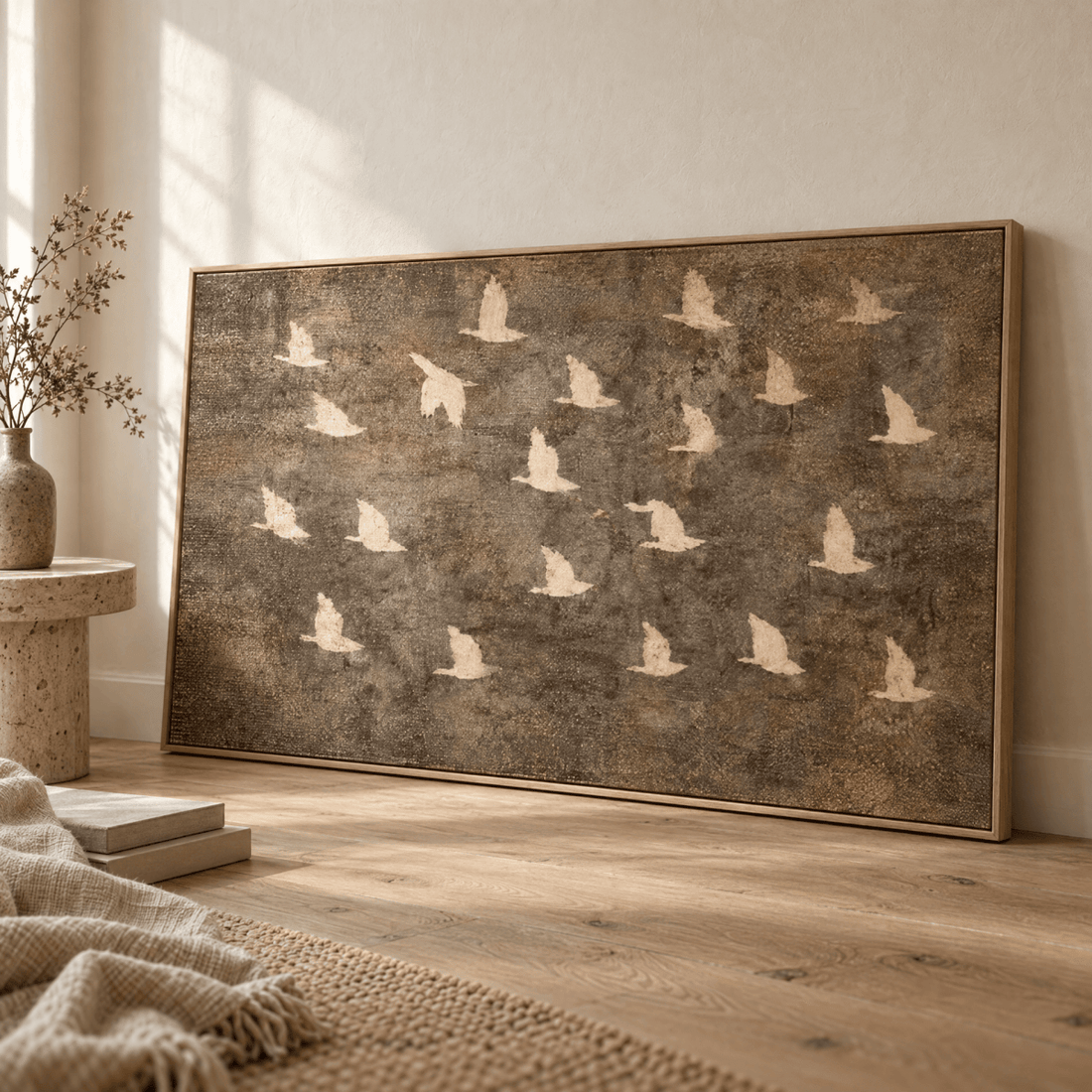 Birds in Flight Wall Art | Neutral Taupe & Cream Statement Piece | Contemporary Nature Art - Sense for Decor