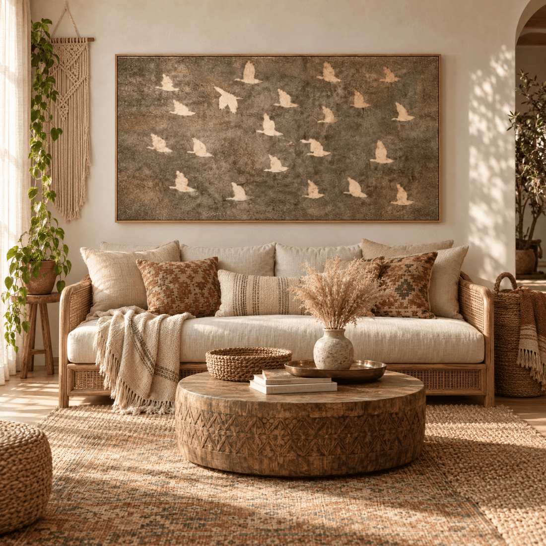 Birds in Flight Wall Art | Neutral Taupe & Cream Statement Piece | Contemporary Nature Art - Sense for Decor