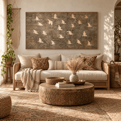 Birds in Flight Wall Art | Neutral Taupe & Cream Statement Piece | Contemporary Nature Art - Sense for Decor