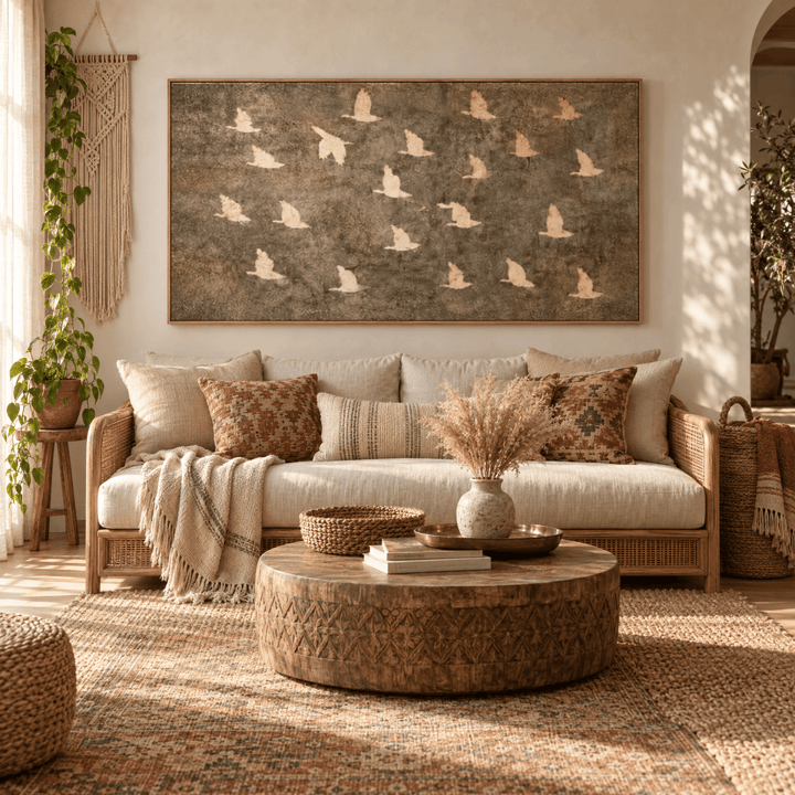 Birds in Flight Wall Art | Neutral Taupe & Cream Statement Piece | Contemporary Nature Art - Sense for Decor