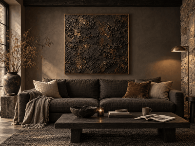 Black and Copper Wall Art – Oversized Charcoal Textured Look Canvas for Living Room - Sense for Decor
