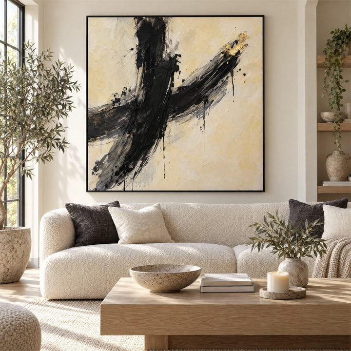 Black and Cream Wall Art – Oversized Abstract Brushstroke Textured Look Canvas for Living Room - Sense for Decor