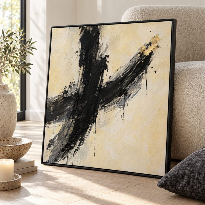 Black and Cream Wall Art – Oversized Abstract Brushstroke Textured Look Canvas for Living Room - Sense for Decor