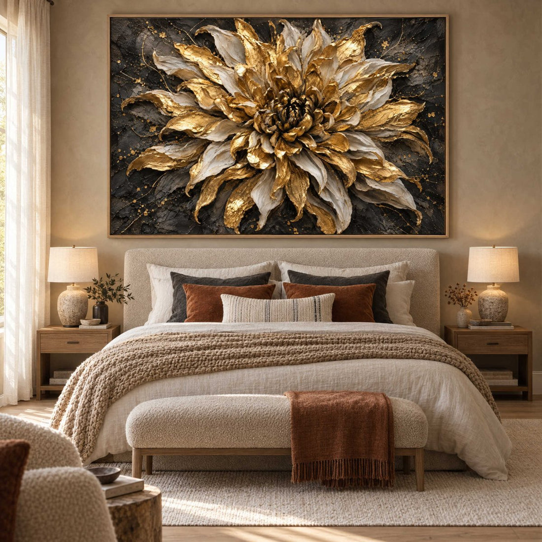 Black and Gold Flower Wall Art – Oversized Dramatic Bloom Textured Look Canvas for Living Room - Sense for Decor