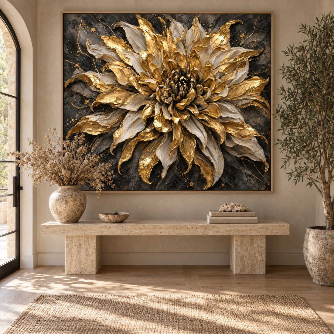 Black and Gold Flower Wall Art – Oversized Dramatic Bloom Textured Look Canvas for Living Room - Sense for Decor