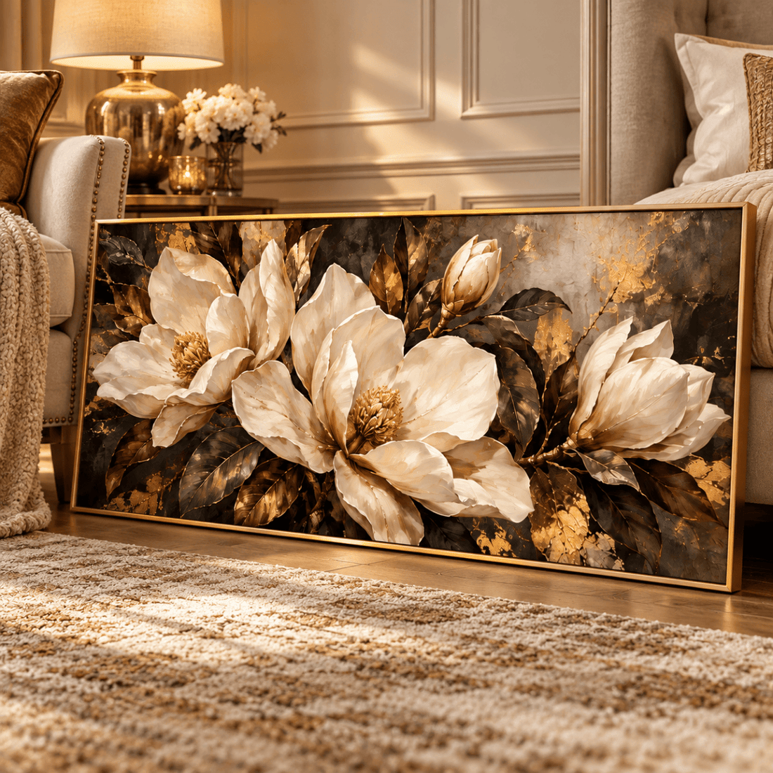 Black and Gold Magnolia Wall Art – Oversized Panoramic Charcoal Textured Look Canvas for Living Room - Sense for Decor