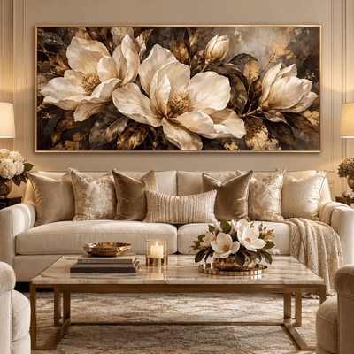 Black and Gold Magnolia Wall Art – Oversized Panoramic Charcoal Textured Look Canvas for Living Room - Sense for Decor