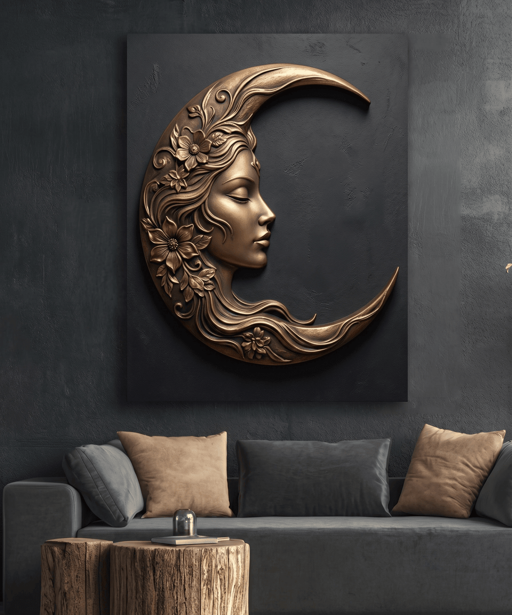 Black and Gold Moon Wall Art – Modern Luxury Canvas Decor (Flat or 3D Hand - Embellished Finish) - Sense for Decor