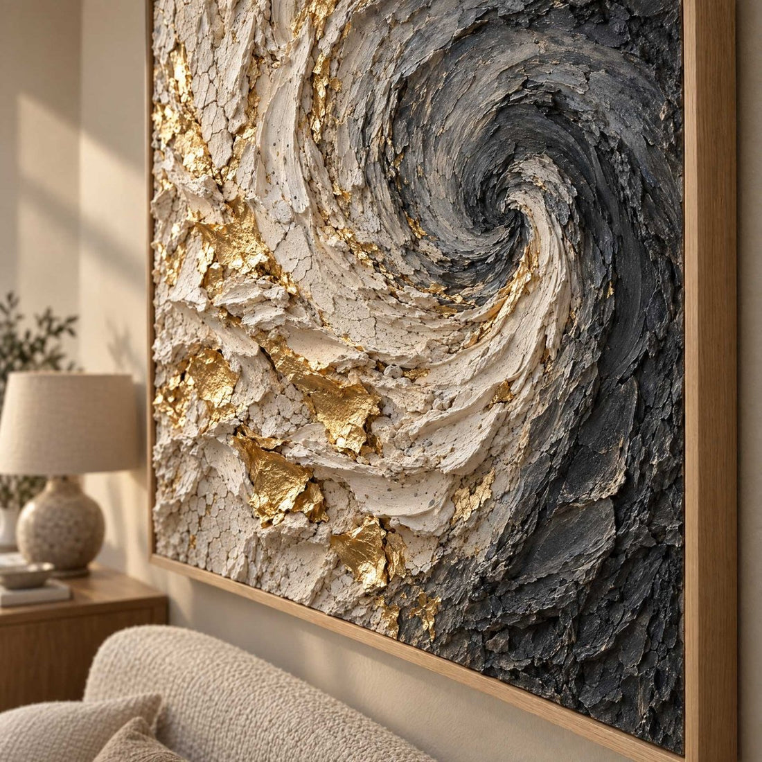 Black and Gold Swirl Wall Art – Oversized Charcoal and Cream Textured Look Canvas for Living Room - Sense for Decor