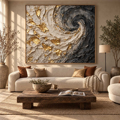 Black and Gold Swirl Wall Art – Oversized Charcoal and Cream Textured Look Canvas for Living Room - Sense for Decor