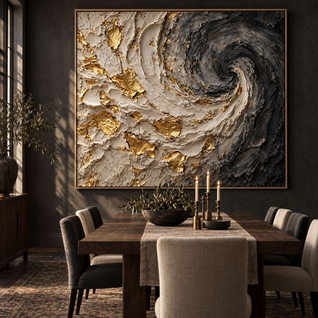 Black and Gold Swirl Wall Art – Oversized Charcoal and Cream Textured Look Canvas for Living Room - Sense for Decor