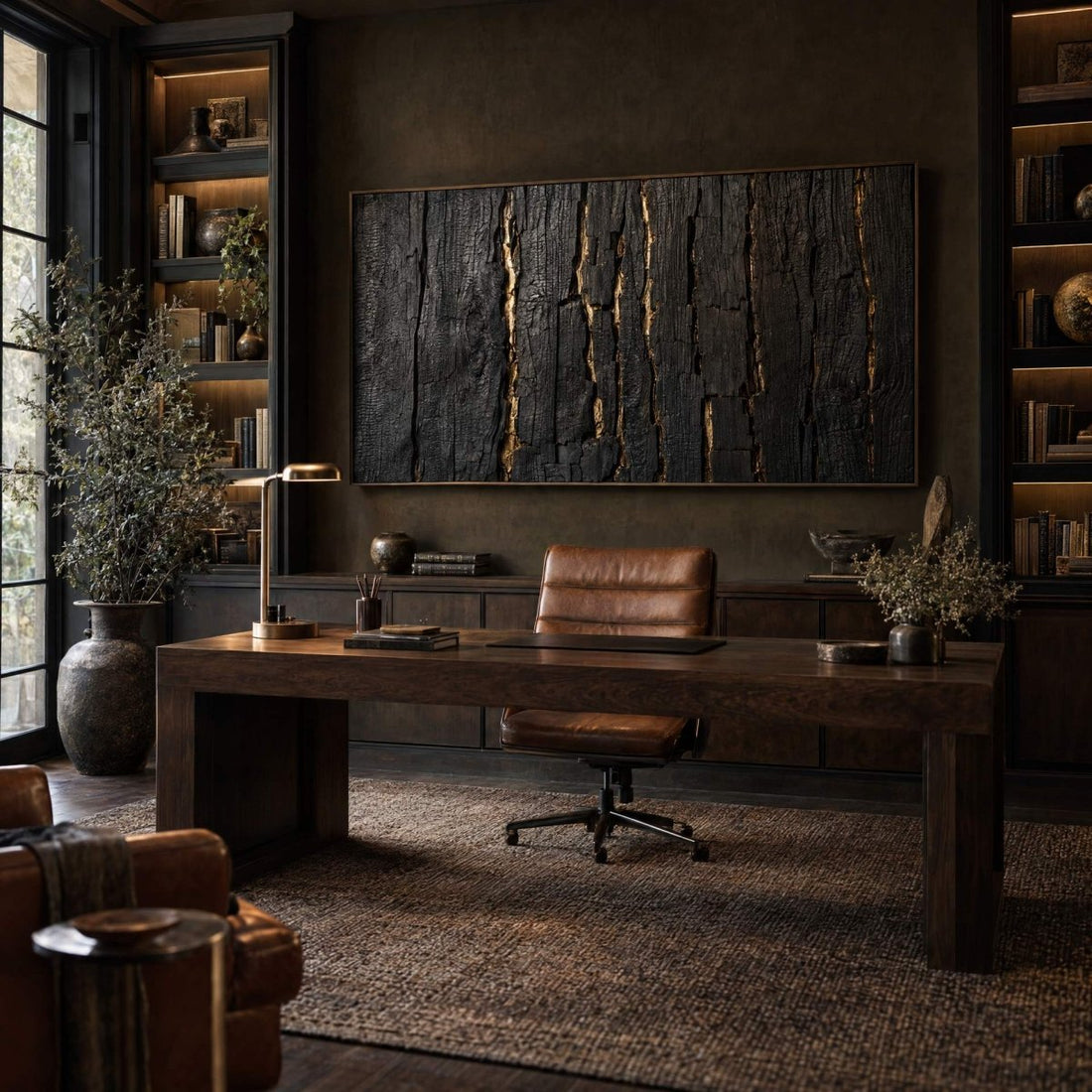 Black and Gold Wall Art – Oversized Charred Timber Textured Look Canvas for Living Room - Sense for Decor