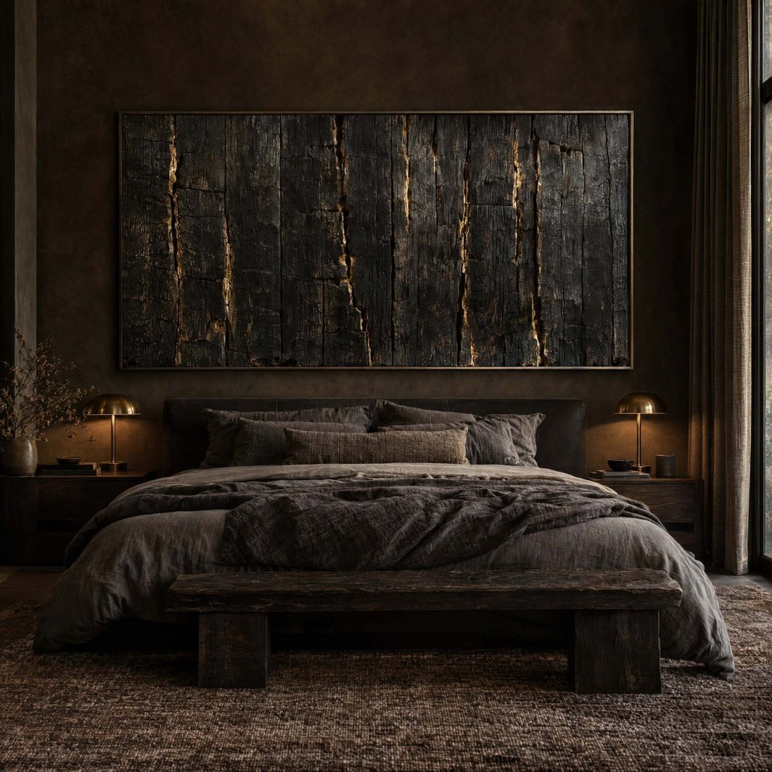 Black and Gold Wall Art – Oversized Charred Timber Textured Look Canvas for Living Room - Sense for Decor