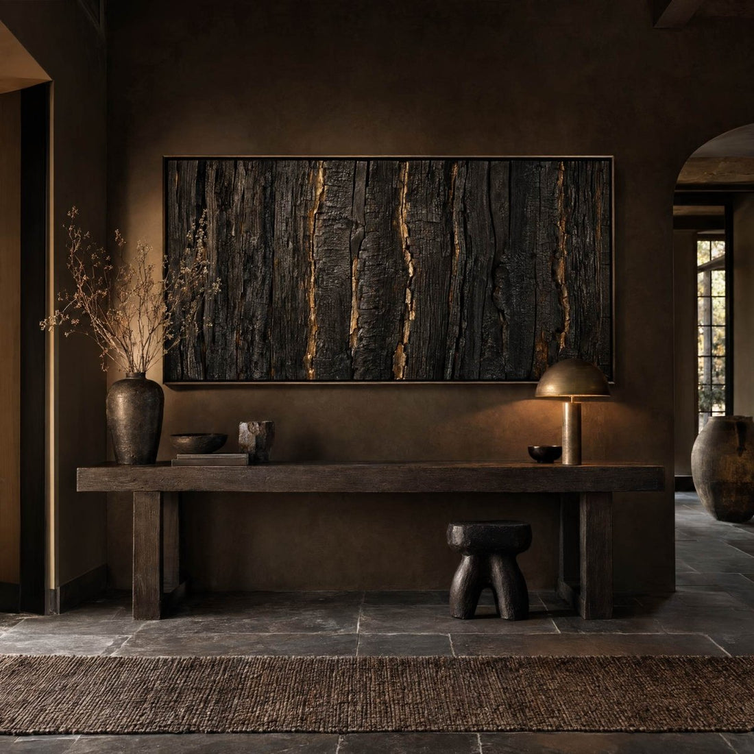 Black and Gold Wall Art – Oversized Charred Timber Textured Look Canvas for Living Room - Sense for Decor