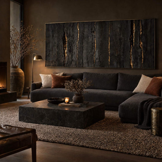 Black and Gold Wall Art – Oversized Charred Timber Textured Look Canvas for Living Room